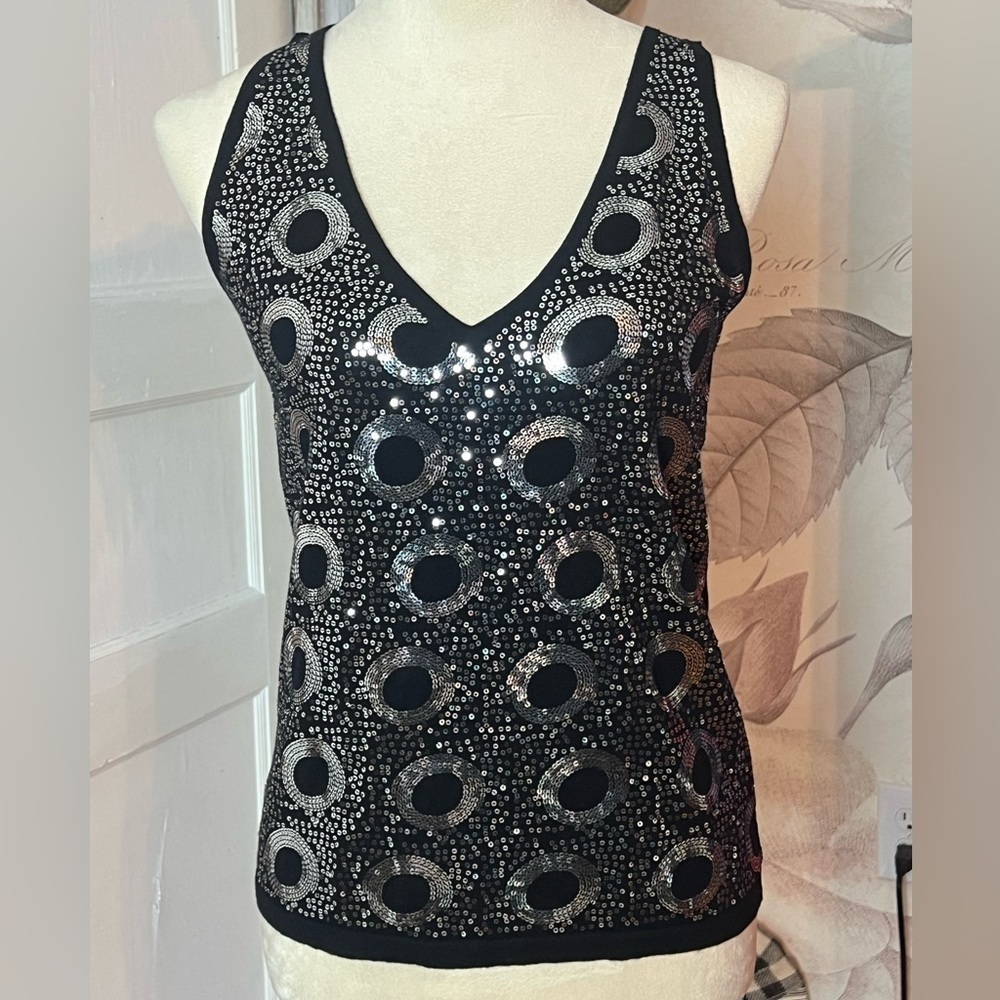 ST JOHN SILK WOOL CASHMERE BLEND SEQUINED TANK TOP SZ SM BLACK SILVER LUXURY